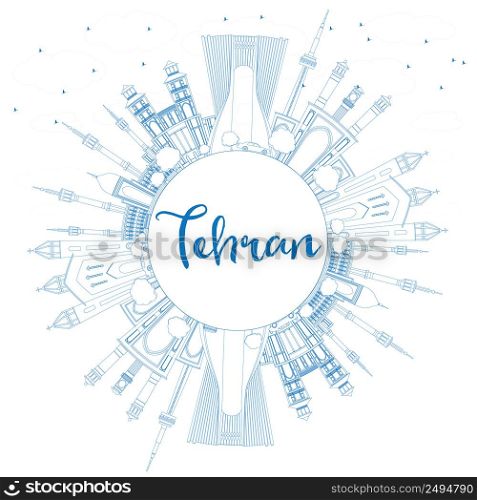 Outline Tehran Skyline with Blue Landmarks and Copy Space. Vector Illustration. Business Travel and Tourism Concept with Historic Buildings. Image for Presentation Banner Placard and Web Site.