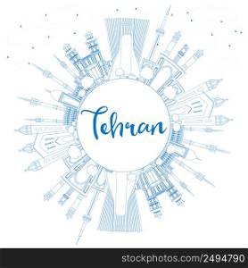 Outline Tehran Skyline with Blue Landmarks and Copy Space. Vector Illustration. Business Travel and Tourism Concept with Historic Buildings. Image for Presentation Banner Placard and Web Site.