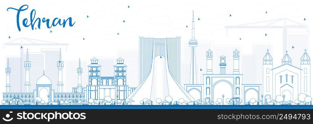 Outline Tehran Skyline with Blue Landmarks. Vector Illustration. Business Travel and Tourism Concept with Historic Buildings. Image for Presentation Banner Placard and Web Site.