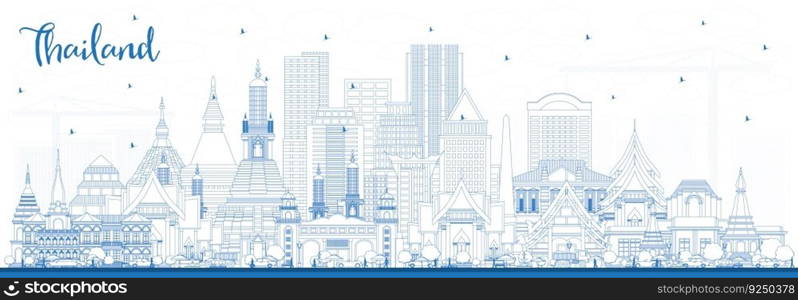 Outline Thailand City Skyline with Blue Buildings. Vector Illustration. Tourism Concept with Historic Architecture. Thailand Cityscape with Landmarks.