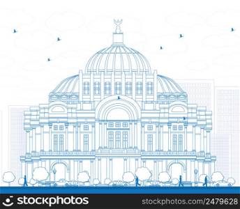 Outline The Fine Arts Palace/Palacio de Bellas Artes in Mexico City, Mexico. Vector illustration. Business Travel and Tourism Concept with Historic Building. Image for Presentation Banner Placard and Web Site.
