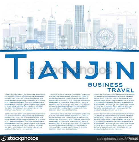 Outline Tianjin Skyline with Blue Buildings and Copy Space. Vector Illustration. Business Travel and Tourism Concept with Modern Buildings. Image for Presentation Banner Placard and Web Site.