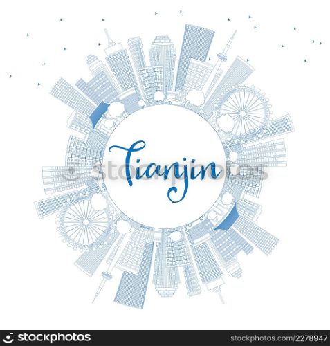 Outline Tianjin Skyline with Blue Buildings and Copy Space. Vector Illustration. Business Travel and Tourism Concept with Modern Architecture. Image for Presentation Banner Placard and Web Site.