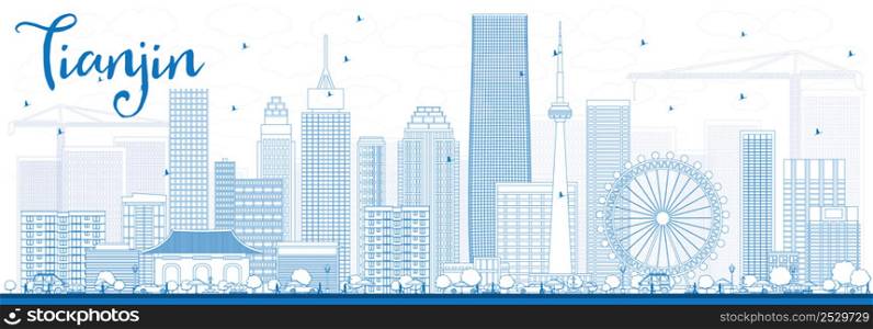 Outline Tianjin Skyline with Blue Buildings. Vector Illustration. Business Travel and Tourism Concept with Modern Buildings. Image for Presentation Banner Placard and Web Site.