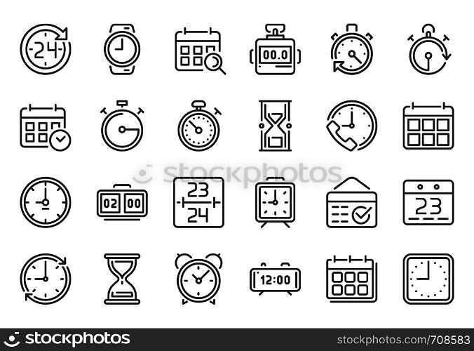 Outline time icon. Timekeeper, stopwatch and timer icons. Alarm clock, calendar and line hourglass sign. Alarm clock timing, work deadline or timer measurement. Vector isolated symbols set. Outline time icon. Timekeeper, stopwatch and timer icons. Alarm clock, calendar and line hourglass sign vector set