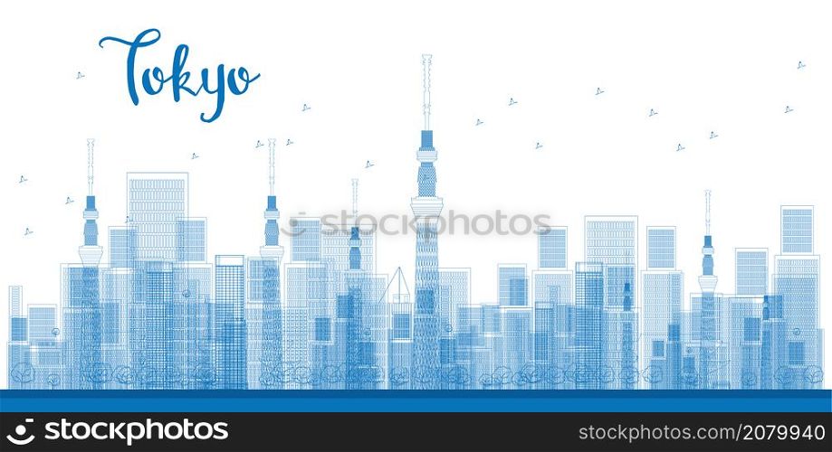 Outline Tokyo City Skyscrapers in blue color. Vector illustration. Business and tourism concept with skyscrapers. Image for presentation, banner, placard or web site