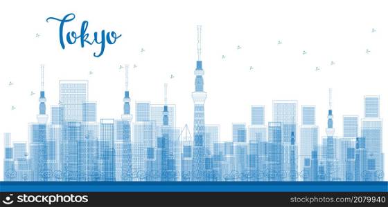 Outline Tokyo City Skyscrapers in blue color. Vector illustration. Business and tourism concept with skyscrapers. Image for presentation, banner, placard or web site