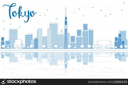 Outline Tokyo skyline with skyscrapers and Reflection. Vector illustration. Business travel and tourism concept with modern buildings. Image for presentation, banner, placard and web site