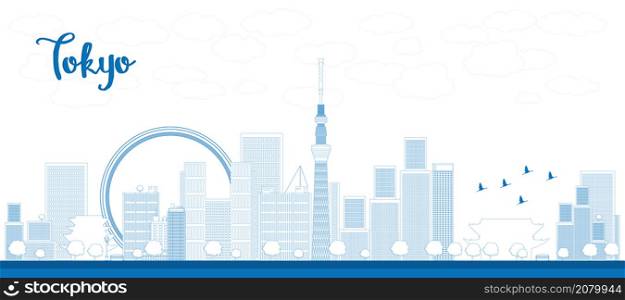 Outline Tokyo skyline with skyscrapers and sun Vector illustration