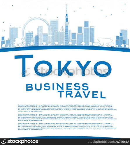 Outline Tokyo skyline with skyscrapers, sun and copy space. Business travel concept. Vector illustration