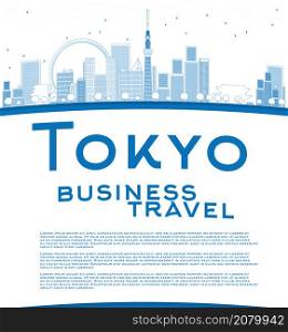 Outline Tokyo skyline with skyscrapers, sun and copy space. Business travel concept. Vector illustration