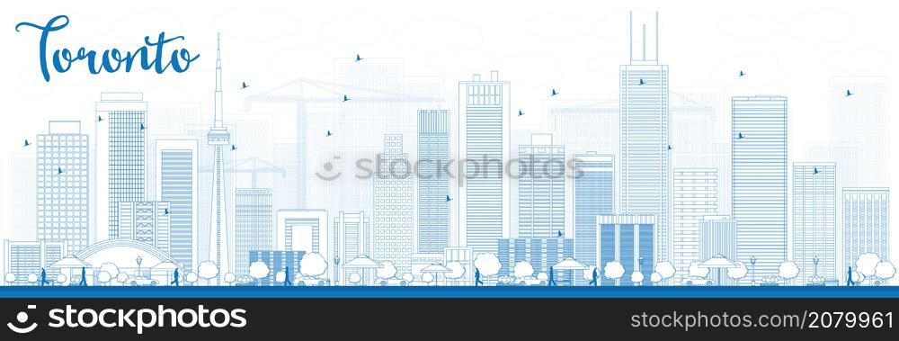 Outline Toronto skyline with blue buildings. Vector illustration. Business travel and tourism concept with modern buildings. Image for presentation, banner, placard and web site.