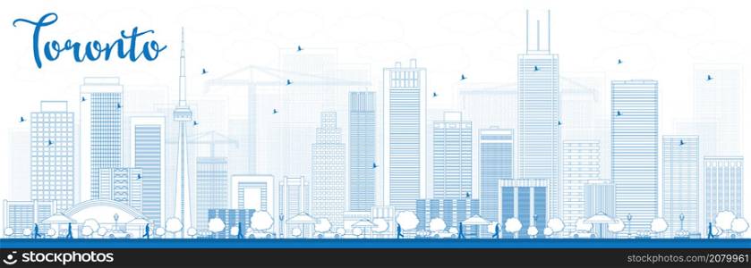Outline Toronto skyline with blue buildings. Vector illustration. Business travel and tourism concept with modern buildings. Image for presentation, banner, placard and web site.