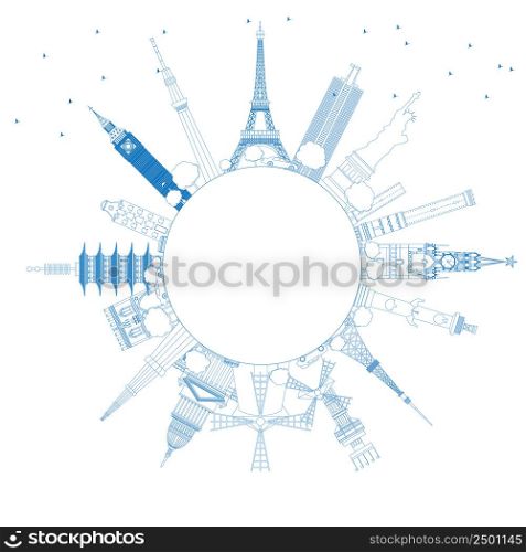 Outline Travel Concept Around the World with Famous International Landmarks. Vector Illustration. Business and Tourism Concept with Copy Space. Image for Presentation, Placard, Banner or Web Site.