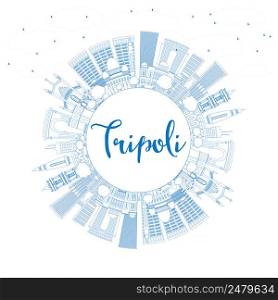 Outline Tripoli Skyline with Blue Buildings and Copy Space. Vector Illustration. Business Travel and Tourism Concept with Historic Buildings. Image for Presentation Banner Placard and Web.