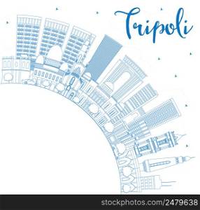Outline Tripoli Skyline with Blue Buildings and Copy Space. Vector Illustration. Business Travel and Tourism Concept with Historic Buildings. Image for Presentation Banner Placard and Web.