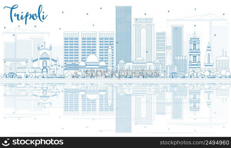 Outline Tripoli Skyline with Blue Buildings and Reflections. Vector Illustration. Business Travel and Tourism Concept with Historic Buildings. Image for Presentation Banner Placard and Web.