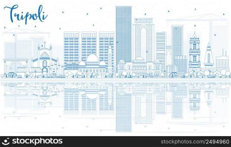 Outline Tripoli Skyline with Blue Buildings and Reflections. Vector Illustration. Business Travel and Tourism Concept with Historic Buildings. Image for Presentation Banner Placard and Web.