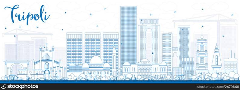 Outline Tripoli Skyline with Blue Buildings. Vector Illustration. Business Travel and Tourism Concept with Historic Buildings. Image for Presentation Banner Placard and Web.