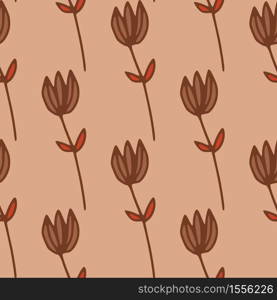 Outline tulip flower seamless pattern. Floral ornament with black contour on coral background. Decorative backdrop for wallpaper, wrapping paper, textile print, fabric. Vector illustration.. Outline tulip flower seamless pattern. Floral ornament with black contour on coral background.