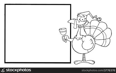 Outline Turkey Cartoon Character Ringing A Bell And Presenting A Blank Sign