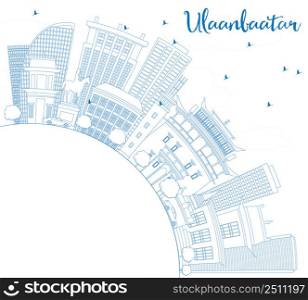 Outline Ulaanbaatar Skyline with Blue Buildings and Copy Space. Vector Illustration. Business Travel and Tourism Concept with Historic Buildings. Image for Presentation Banner Placard and Web.