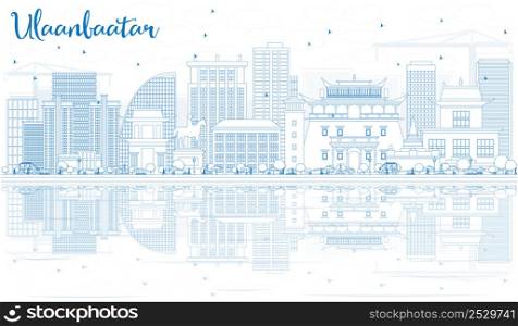 Outline Ulaanbaatar Skyline with Blue Buildings and Reflections. Vector Illustration. Business Travel and Tourism Concept with Historic Architecture. Image for Presentation Banner Placard and Web Site.