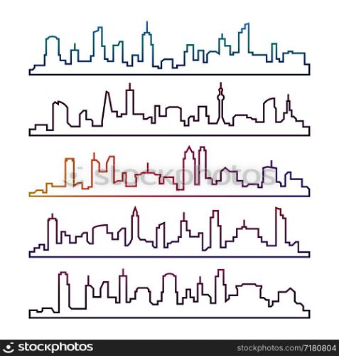 Outline urban vector cityscape set isolated. Colorful skyline city line silhouettes isolated on white illustration. Outline urban vector cityscape set isolated. Colorful skyline city line silhouettes