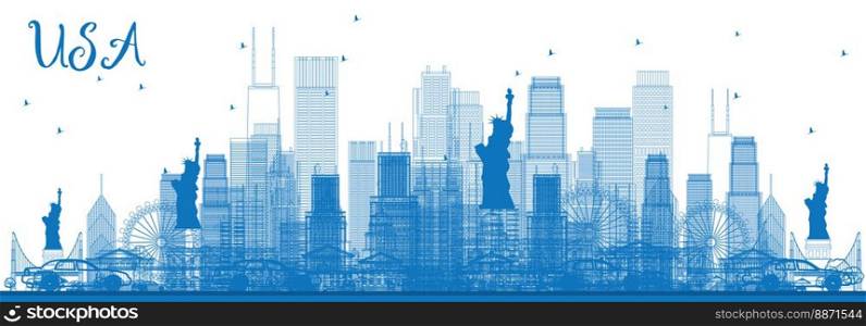 Outline USA Skyline with Blue Skyscrapers and Landmarks. Vector Illustration. Business Travel and Tourism Concept with Modern Architecture. Image for Presentation Banner Placard and Web Site.