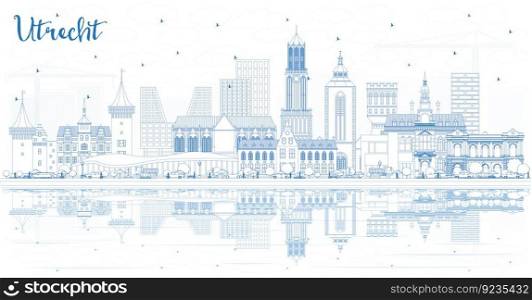 Outline Utrecht Netherlands City Skyline with Blue Buildings and Reflections. Business Travel and Tourism Concept with Historic Architecture. Utrecht Cityscape with Landmarks.