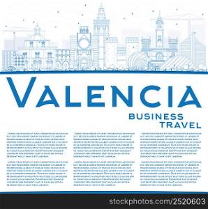 Outline Valencia Skyline with Blue Buildings and Copy Space. Vector Illustration. Business Travel and Tourism Concept with Historic Architecture. Image for Presentation Banner Placard and Web Site.