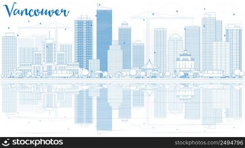 Outline Vancouver skyline with blue buildings and reflections. Vector illustration. Business travel and tourism concept with place for text. Image for presentation, banner, placard and web site.
