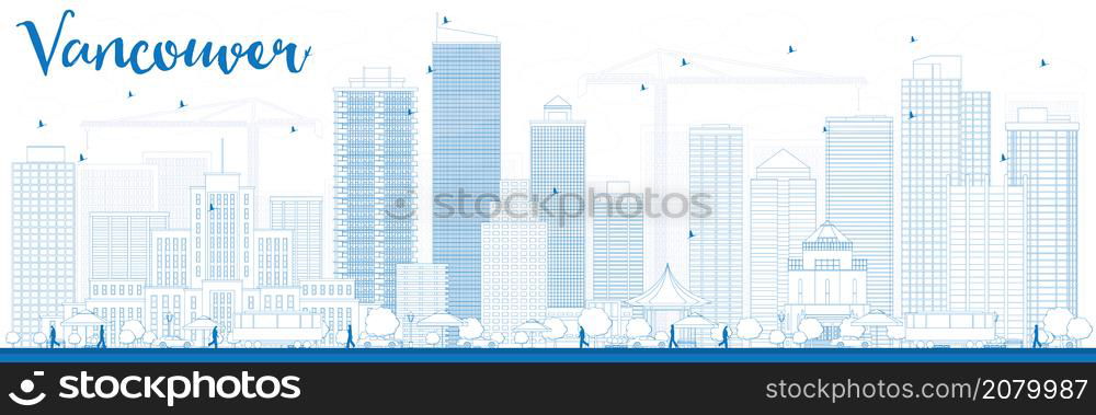 Outline Vancouver skyline with blue buildings. Vector illustration. Business travel and tourism concept with modern buildings. Image for presentation, banner, placard and web site.