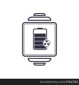 Outline vector icon of smartwatch and battery with nuclear atomic sign. Concept illustration of future technology with radioactive symbol