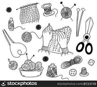 Outline vector Knitting tools set. Wool Yarn Skein, Hands knitting, scissors, Knitted fabric in progress with Needles. Needlework, Handmade, Hobby. Hand drawn cute elements isolated for design