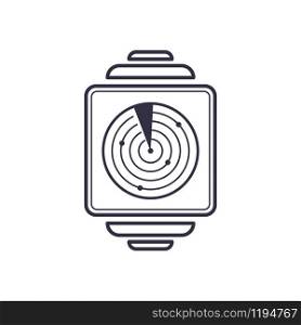 Outline vector smartwatch with search radar icon. Scan and radiolocation target symbol. Electronic find device