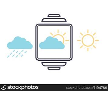 Outline vector smartwatch with sets weather app icons. Meteorological symbol of rain, cloudy and sun with rays.