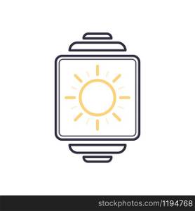 Outline vector smartwatch with warm and heat weather app icon. Meteorological symbol of sun with rays. Friendship call device screen concept line illustration.