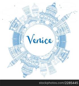 Outline Venice Skyline Silhouette with Blue Buildings. Vector Illustration. Business Travel and Tourism Concept with Copy Space. Image for Presentation Banner and Placard.