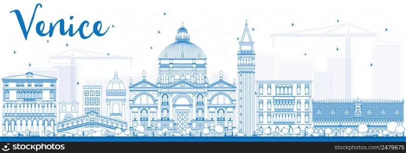 Outline Venice Skyline Silhouette with Blue Buildings. Vector Illustration. Business Travel and Tourism Concept with Historic Buildings. Image for Presentation Banner and Placard.