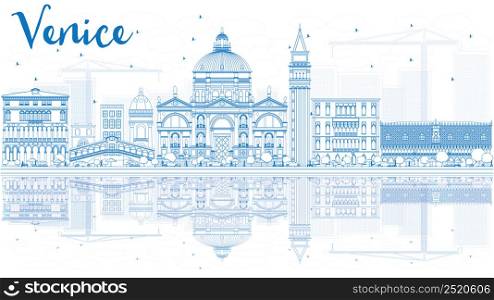 Outline Venice Skyline Silhouette with Blue Buildings. Vector Illustration. Business Travel and Tourism Concept with Historic Buildings and Reflections. Image for Presentation Banner and Placard.
