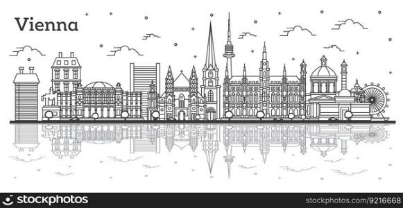 Outline Vienna Austria City Skyline with Historic Buildings and Reflections Isolated on White. Vector Illustration. Vienna Cityscape with Landmarks. 