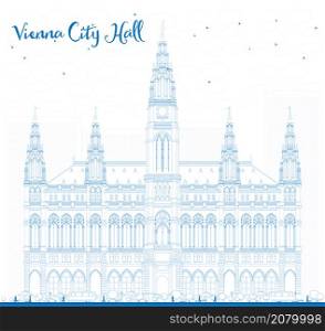 Outline Vienna City Hall in blue color. Vector illustration. Business travel and tourism concept with historic buildings. Image for presentation, banner, placard and web site.