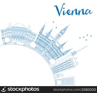 Outline Vienna Skyline with Blue Buildings Copy Space. Vector Illustration. Business Travel and Tourism Concept with Historic Buildings. Image for Presentation, Banner, Placard and Web Site.