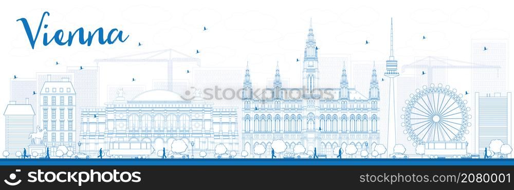 Outline Vienna Skyline with Blue Buildings. Vector Illustration. Business Travel and Tourism Concept with Historic Buildings. Image for Presentation, Banner, Placard and Web Site.