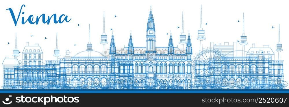 Outline Vienna Skyline with Blue Buildings. Vector Illustration. Business Travel and Tourism Concept with Historic Buildings. Image for Presentation, Banner, Placard and Web Site.