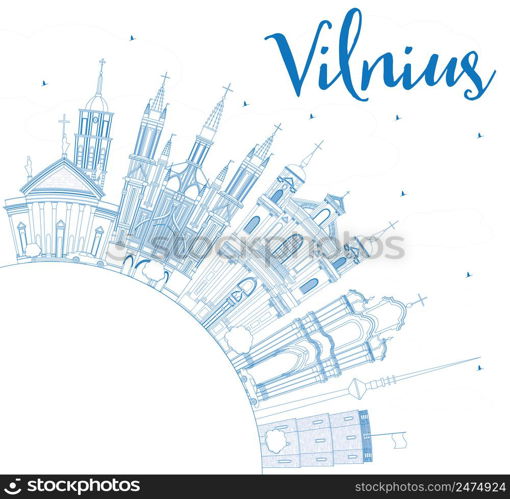 Outline Vilnius Skyline with Blue Landmarks and Copy Space. Vector Illustration. Business Travel and Tourism Concept with Historic Buildings. Image for Presentation Banner Placard and Web Site.