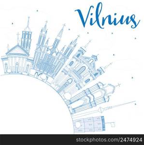 Outline Vilnius Skyline with Blue Landmarks and Copy Space. Vector Illustration. Business Travel and Tourism Concept with Historic Buildings. Image for Presentation Banner Placard and Web Site.