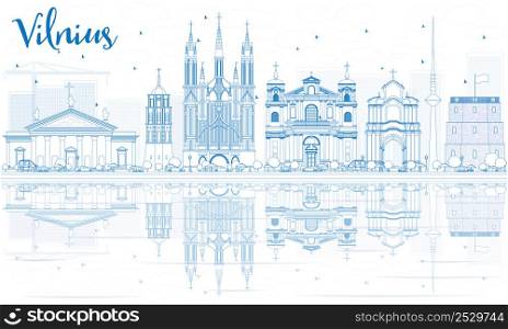 Outline Vilnius Skyline with Blue Landmarks and Reflections. Vector Illustration. Business Travel and Tourism Concept with Historic Buildings. Image for Presentation Banner Placard and Web Site.