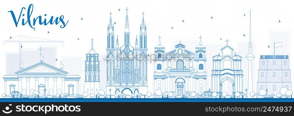 Outline Vilnius Skyline with Blue Landmarks. Vector Illustration. Business Travel and Tourism Concept with Historic Buildings. Image for Presentation Banner Placard and Web Site.